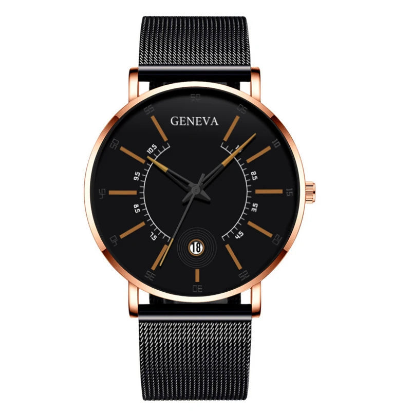 Geneva Black Fashion Watch Men Business Measuring Cool Calendar Steel Mesh Band Quartz Wristwatch Male Clock Relogio Masculino