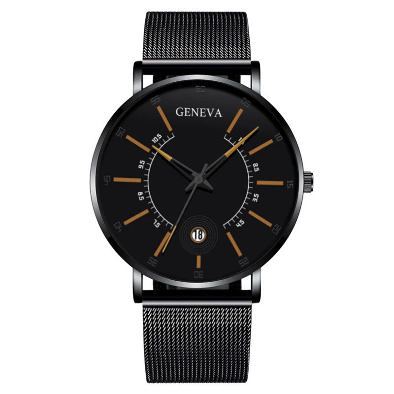 Geneva Black Fashion Watch Men Business Measuring Cool Calendar Steel Mesh Band Quartz Wristwatch Male Clock Relogio Masculino