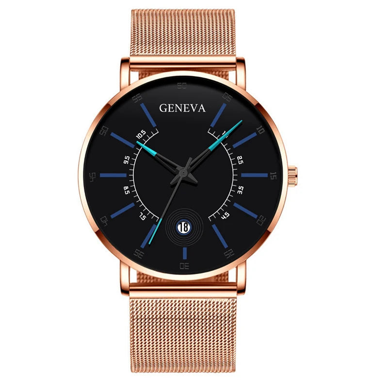 Geneva Black Fashion Watch Men Business Measuring Cool Calendar Steel Mesh Band Quartz Wristwatch Male Clock Relogio Masculino