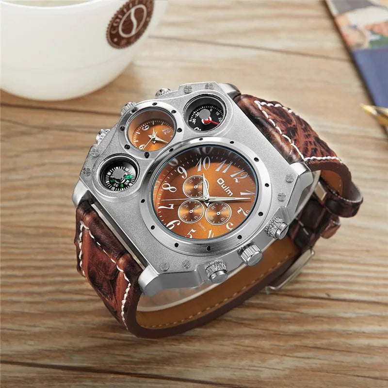 Brand OULM Watch Men Quartz Sports Leather Strap Male Military Wristwatch Clock Compass Calendar Thermometer