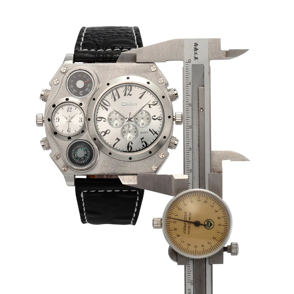 Brand OULM Watch Men Quartz Sports Leather Strap Male Military Wristwatch Clock Compass Calendar Thermometer