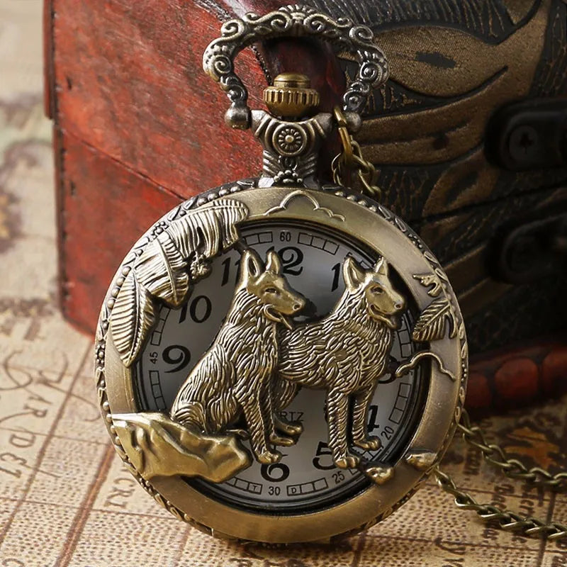 Retro Vintage Bronze Dog Wolf Hollow Quartz Fob Pocket Watch with Necklace Chain Cool Pendant Clock Gift for Male Men