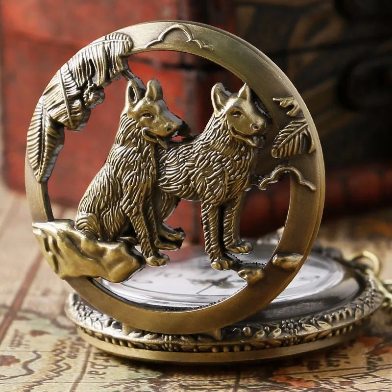 Retro Vintage Bronze Dog Wolf Hollow Quartz Fob Pocket Watch with Necklace Chain Cool Pendant Clock Gift for Male Men