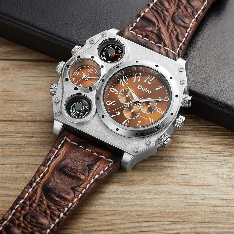 Brand OULM Watch Men Quartz Sports Leather Strap Male Military Wristwatch Clock Compass Calendar Thermometer