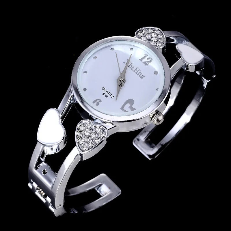 Xinhua Fashion Women Stainless Steel Bracelet Watch Bangle Lover Heart Shape Wristwatches Female Best Gift Clock Relogios