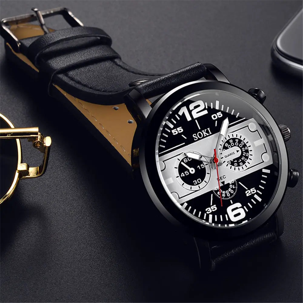 Fashion Men's Watch Leather Strap Relogio Masculino Sports Quartz Wristwatch for Man Classic Luxury Big Dial Male Clock Gift