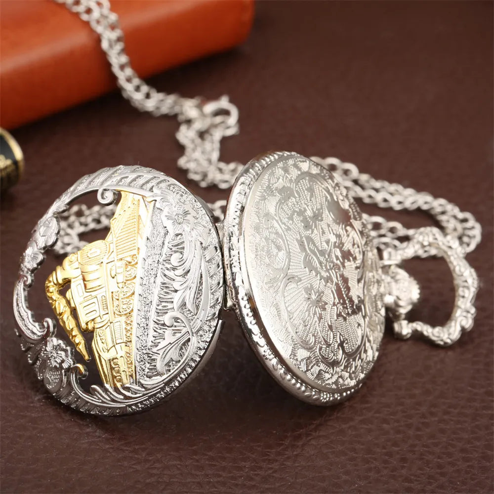 Vintage Silver Train Carved Hollow Steampunk Quartz Pocket Watch Men Women Charming Necklace Pendant Clock Elegant Relojes Gifts