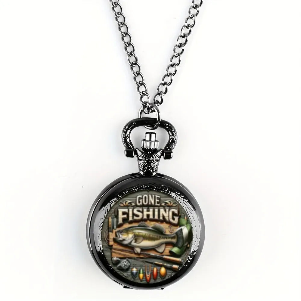 Unique Vintage Gone Fishing Pattern Quartz Pocket Watch with Pendant Chain - World Time Feature,  Great Gift for Men and Teens