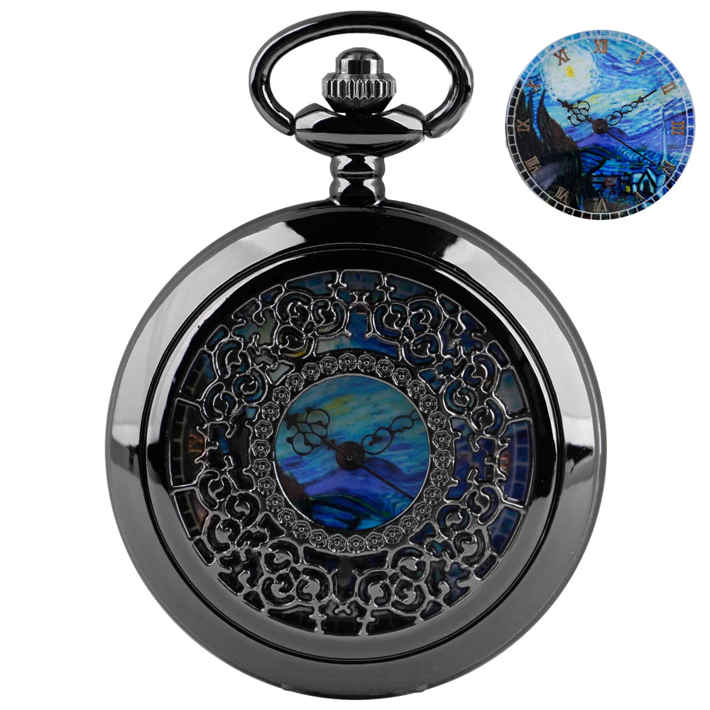 Vintage Black Starry Sky Blue Roman Numerals Dial Pocket Watch Gift Pendant Clock For Mlae Kids Relogio Saati