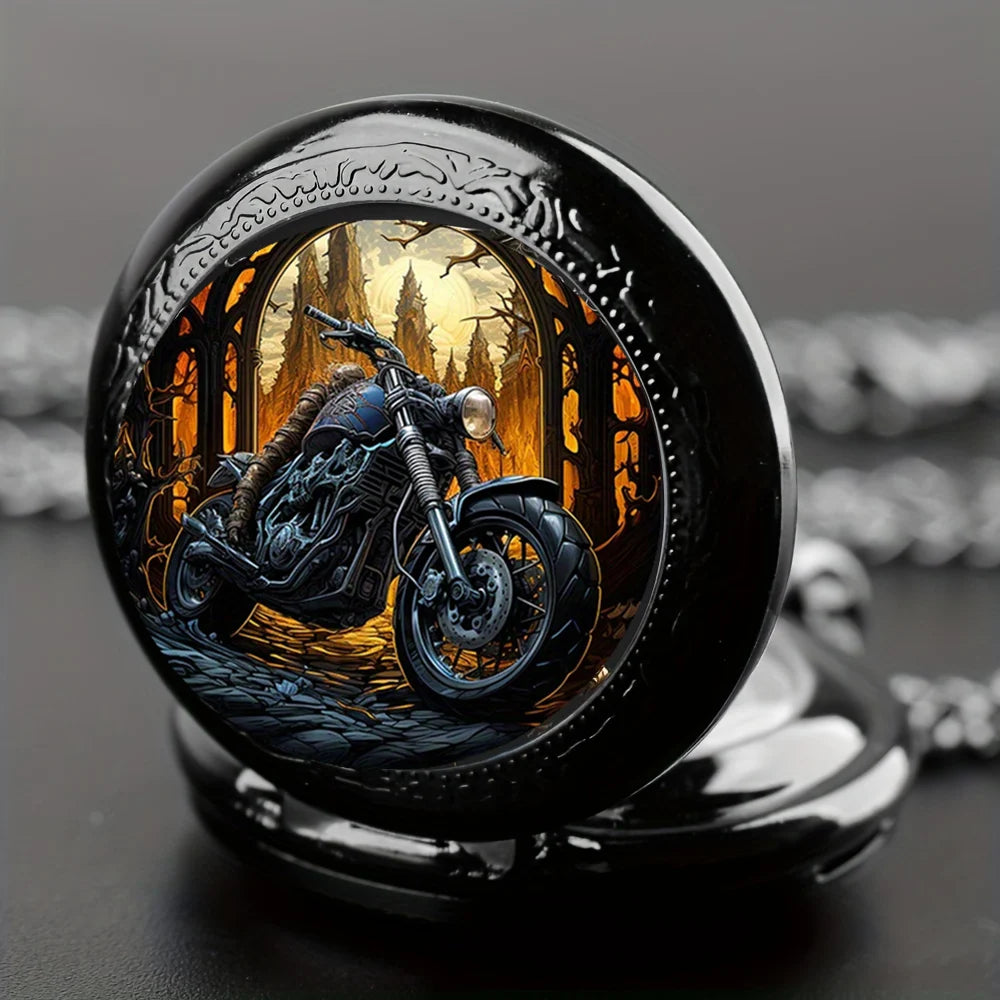 Cool Vintage Black Motorbike Pocket Watch Elegant Exquisite Clock With Necklace Chain Retro Motor Masculino Relogio Best Gift