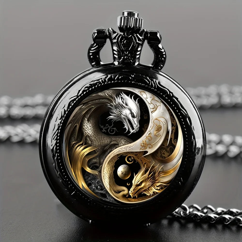 Vintage Cool Pocket Watch Two Dragon Moon Elegant Exquisite Clock With Necklace Chain Lovers Masculino Relogio Best Gift