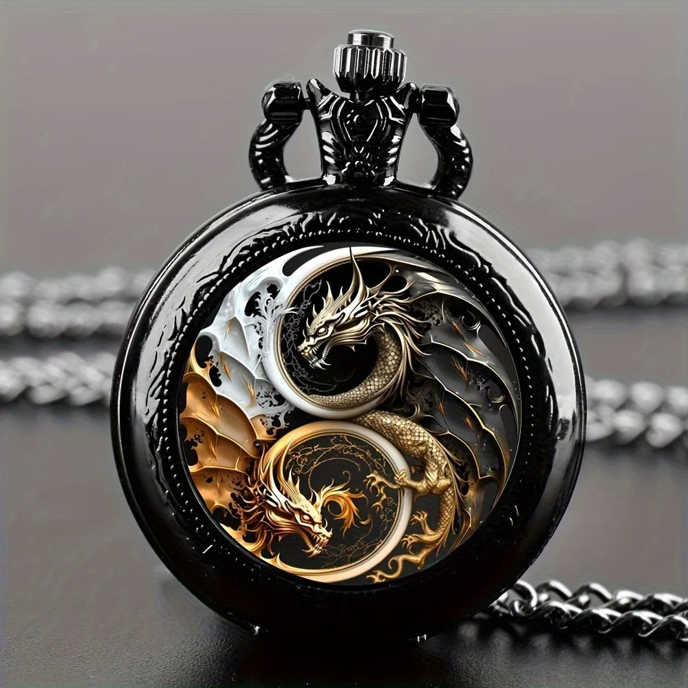 Vintage Cool Pocket Watch Two Dragon Moon Elegant Exquisite Clock With Necklace Chain Lovers Masculino Relogio Best Gift