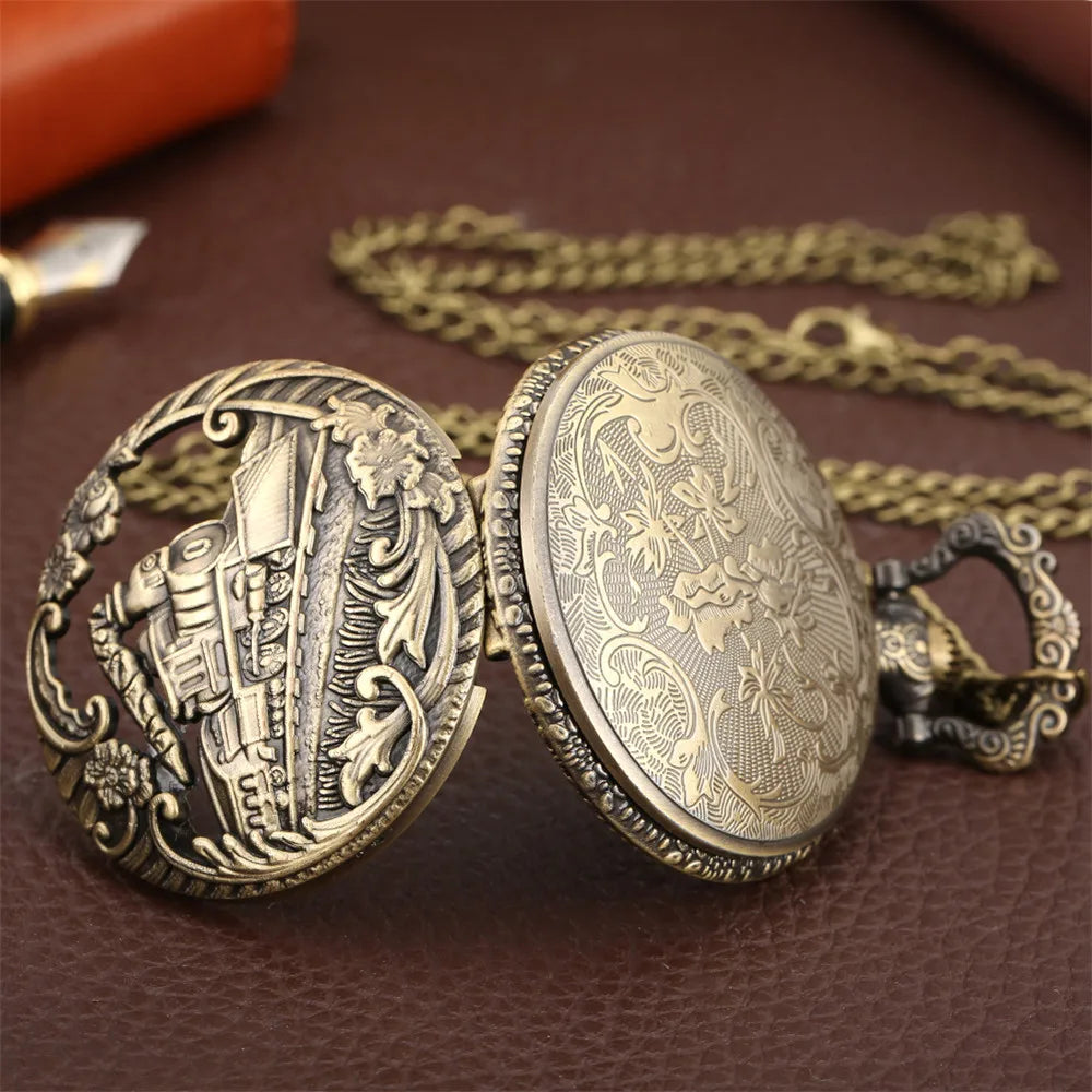 Classic Vintage Steampunk Train Quartz Pocket Watch with Necklace Chain Fashion Bronze Best Gift for Male Men Kids Clock