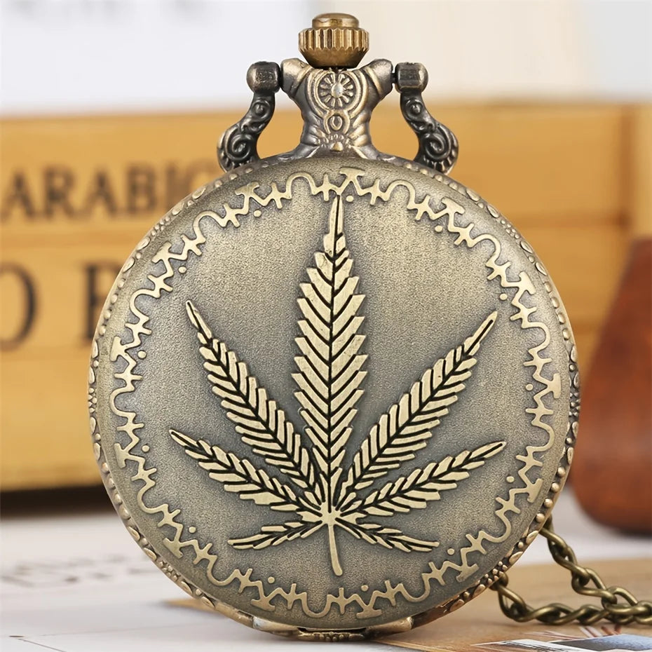 Retro Vintage Bronze Punk Leaf Design Pocket Watch With Necklace Chain Pendant Gift for Male Men Vintage Clock