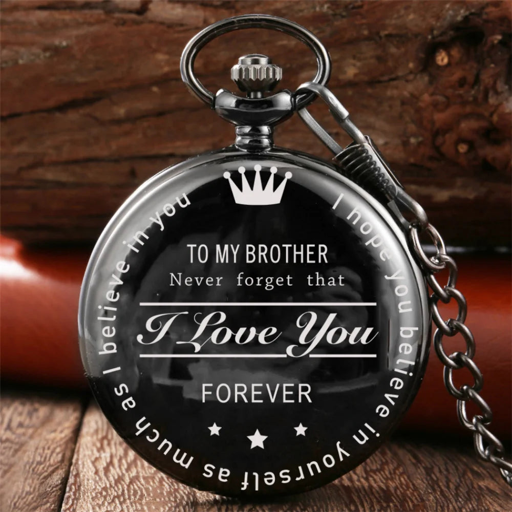 "To My BROTHER" Exquisite Black Quartz Pocket Watch Vintage Fashion Necklace Chain Watch Birthday Best Gift For Family Friends