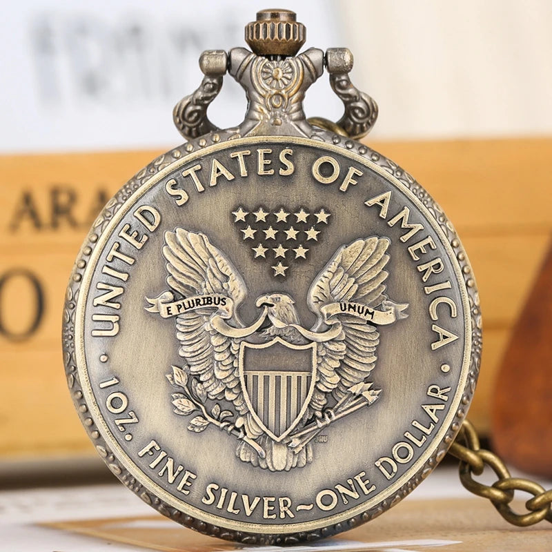 Retro Bronze Statue of Liberty Coin Pattern Collectible Quartz Pocket Watch Gift for Male Women Chronograph Hombre Relojes
