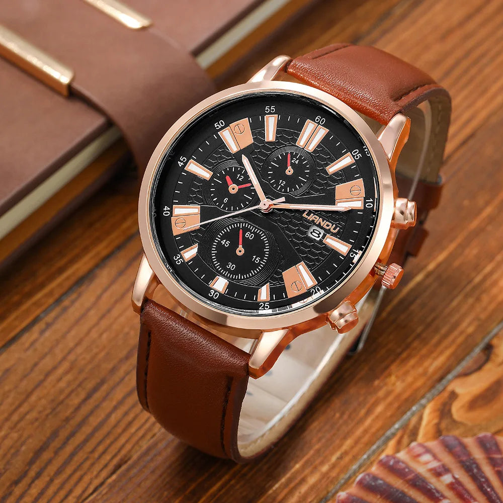 New 4Pcs Set Men Watches Luxury Fashion Leather Band Quartz Wristwatch With Bracelet Gift Clock Male Montre Relogio Masculino