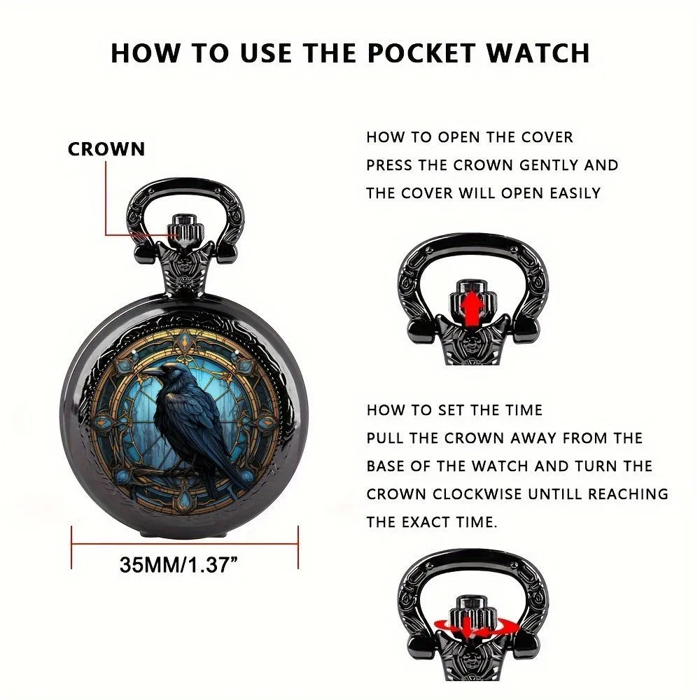 Vintage Unique Crow Black Quartz Pocket Watch - Necklace Pendant With World Time Feature, Ideal Gift For Men & Women and Kids