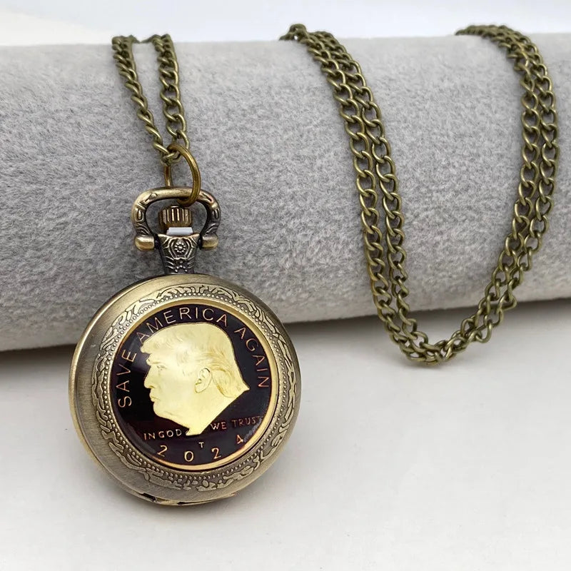 Vintage-Style Trump 2024 Election Memorial Pocket Watch - Quartz Movement, Round Dial, Unique Bronze Necklace Souvenir Gift