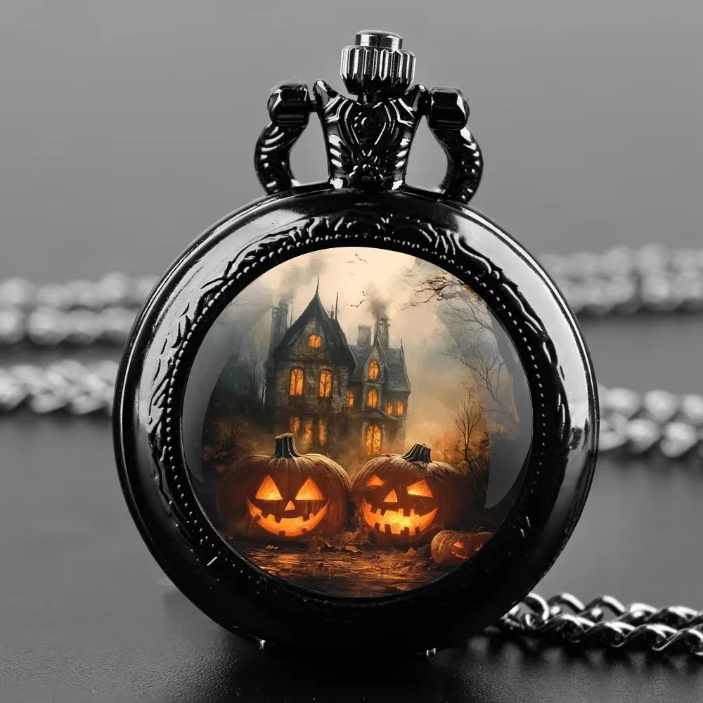 Vintage Black Vintage Mini Size Pocket Watch ,Spooky Pumpkin Castle Design,Quartz Movement Watch Perfect Halloween Gift for Kids