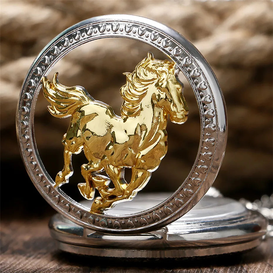Hollow Exquisite Running Golden Horse Quartz Pocket Watch With Necklace Chain Gift for Male Women Chronograph Hombre Relojes