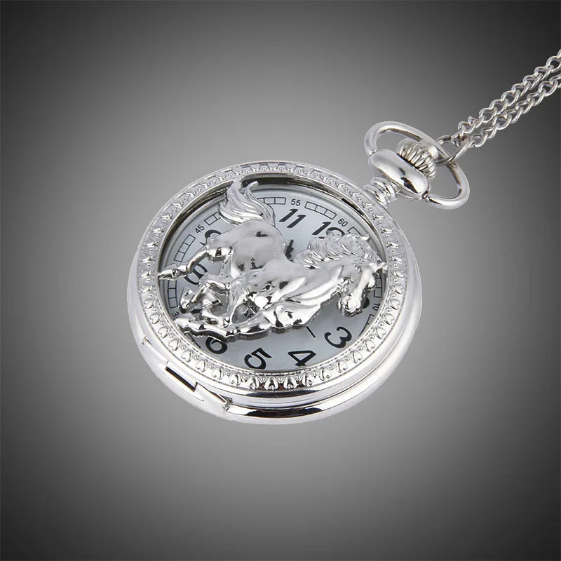 Animal Horse Pocket Watch Mens Male Silver Hollow Elegant Pocketwatch With Chain Masculino Relogio Vintage Dad's Gift Clock