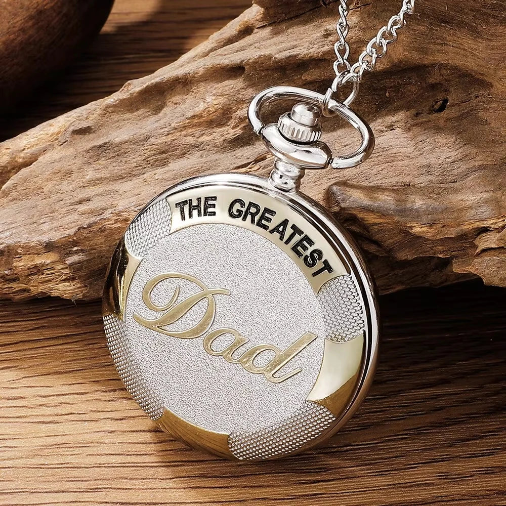 Exquisite " The GREAST DAD " Silver Gold Color Quartz Pocket Watch Best Father's Day Birthday Gift for Dad, Nostalgic Watch