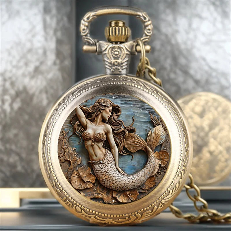 Vintage Cool Pocket Watch Mermaid Elegant Exquisite Clock With Necklace Chain Lovers Masculino Relogio Best Gift Pendant Small