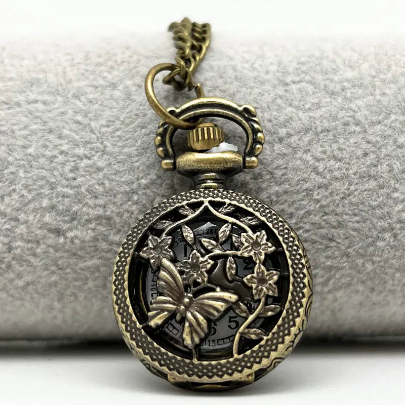 Butterfly Vintage Bronze Pocket Watch Hollow Small Size Steampunk Quartz Clock with Necklace Chain Best Gift for Female & Kids