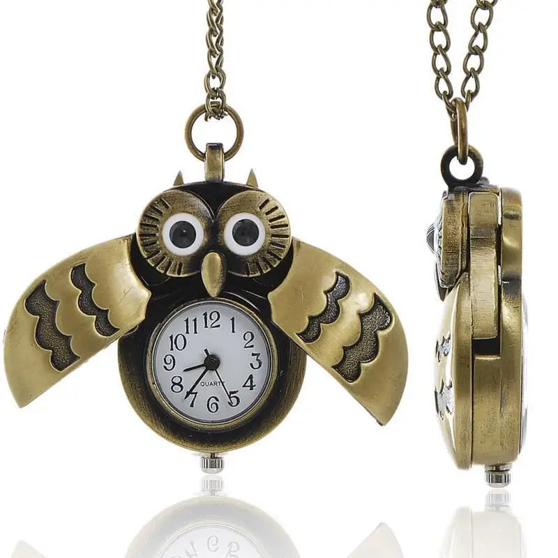 3D Owl Cute Pocket Watch Vintage Punk Bronze Nighthawk Quartz Pocket Watches with Necklace Chain Kid Ladies Souvenirs Gift Clock
