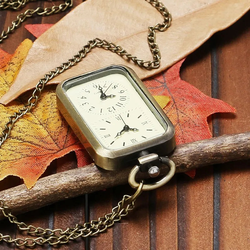 Retro Bronze Square Dual Time Zone MiniDesign Quartz Pocket Watch with Necklace Chain Leisure Pendant Gift Men's Clock
