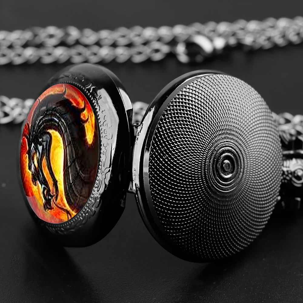 Creative Retro Black Dragon Animal Necklace Pendant Quartz Pocket Watch Gift Pendant Clock For Mlae Teens Kids Relogio Saati