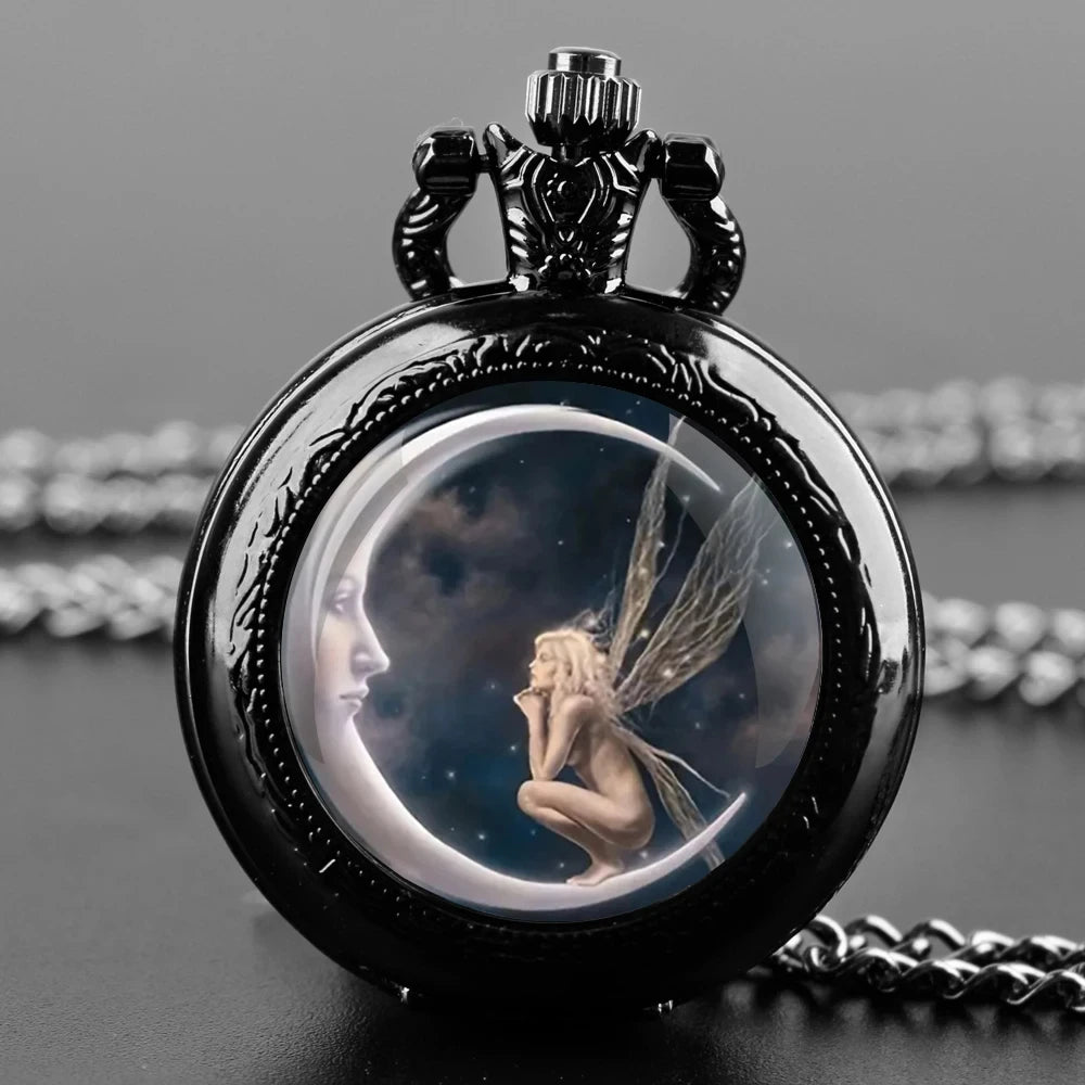 Vintage Angel Girl Design Quartz Pocket Watch with Black Necklace Pendant World-Time Feature, Analog Display For Women Men Kids