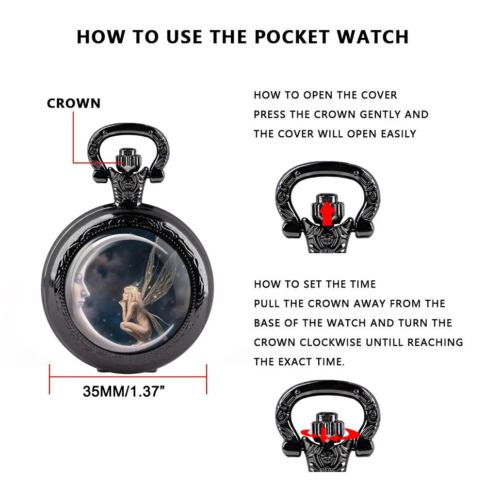 Vintage Angel Girl Design Quartz Pocket Watch with Black Necklace Pendant World-Time Feature, Analog Display For Women Men Kids