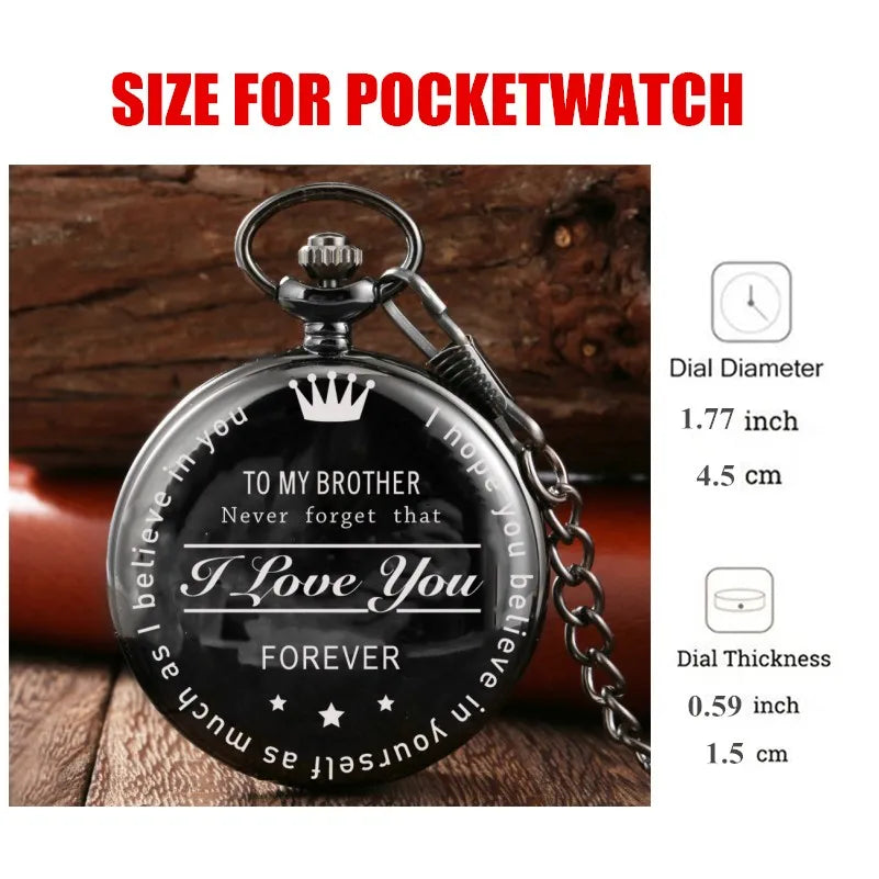 "To My BROTHER" Exquisite Black Quartz Pocket Watch Vintage Fashion Necklace Chain Watch Birthday Best Gift For Family Friends