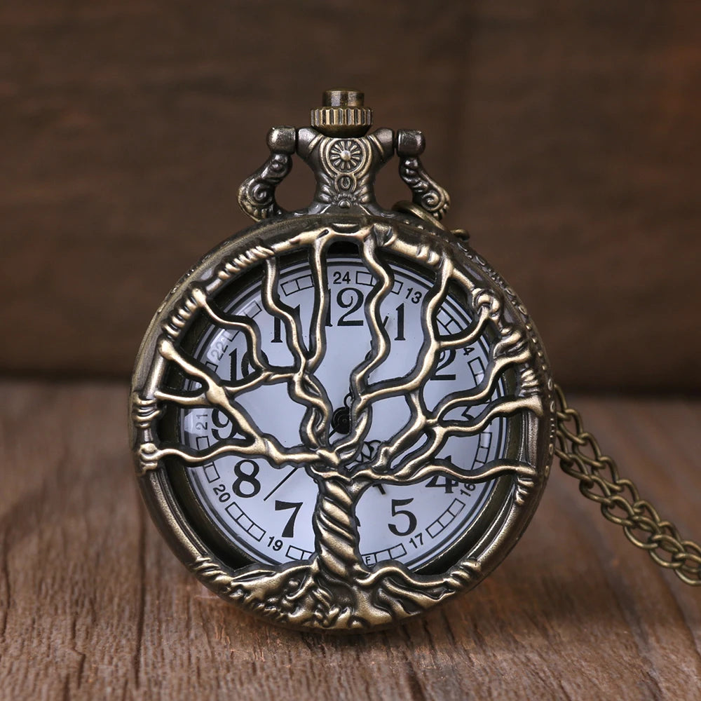 Vintage Hollow Tree Pocket Watch Unique Styles With Necklace Chain Clock Retro Bronze Exquisite Gifts for Men Women Relojes
