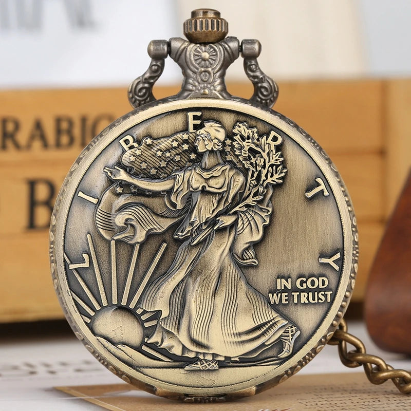 Retro Bronze Statue of Liberty Coin Pattern Collectible Quartz Pocket Watch Gift for Male Women Chronograph Hombre Relojes