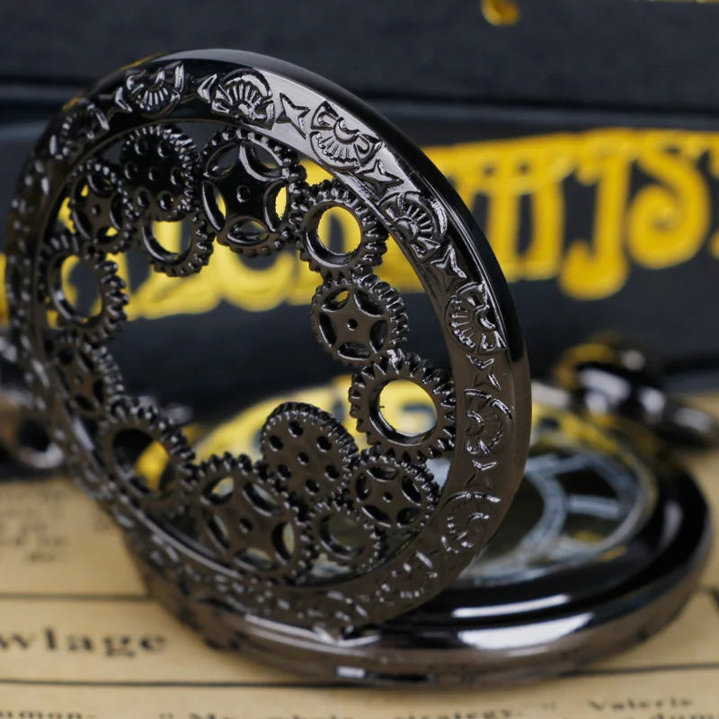 Retro Black Hollow Gear Design with Necklace Pocket Watch Gift Pendant Clock for Mlae Kids Relogio Saati Best Gift Watch