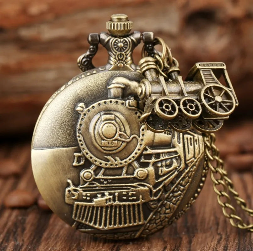 Vintage Steampunk Train Pocket Watch with Necklace Chain Copper Pendant Men Male Exquisite Casual Clock Retro Souvenir Gifts