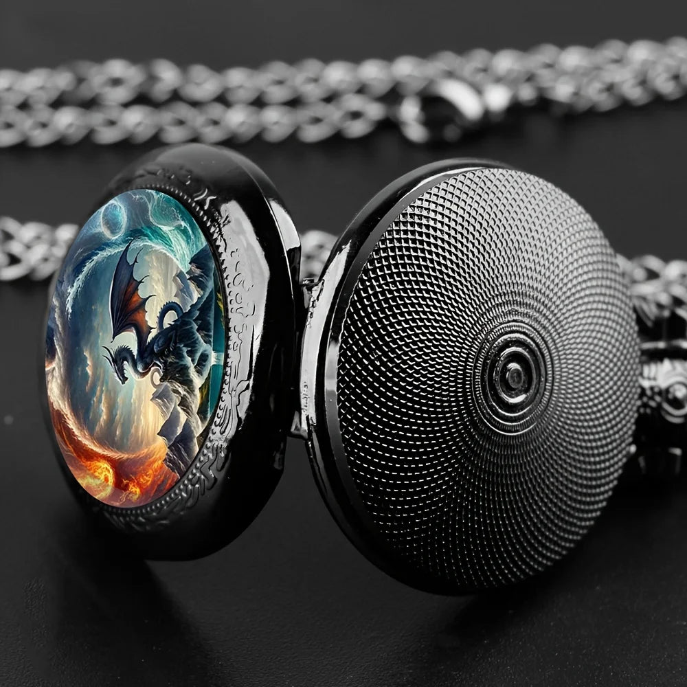 Fashion Cool Pocket Watch Cartoon Dragon On Mountaintop Elegant Exquisite Clock With Necklace Chain Kids Relogio Best Gift