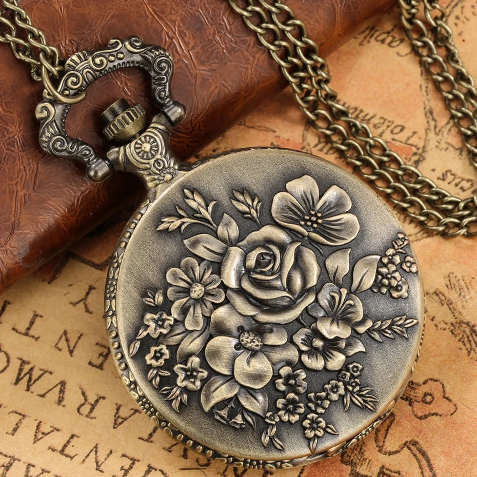 3D Rose Flower Pocket Watch  Punk Bronze Quartz Vintage Pocket Watches with Necklace Chain Valentine's Day Souvenirs Gift Clock