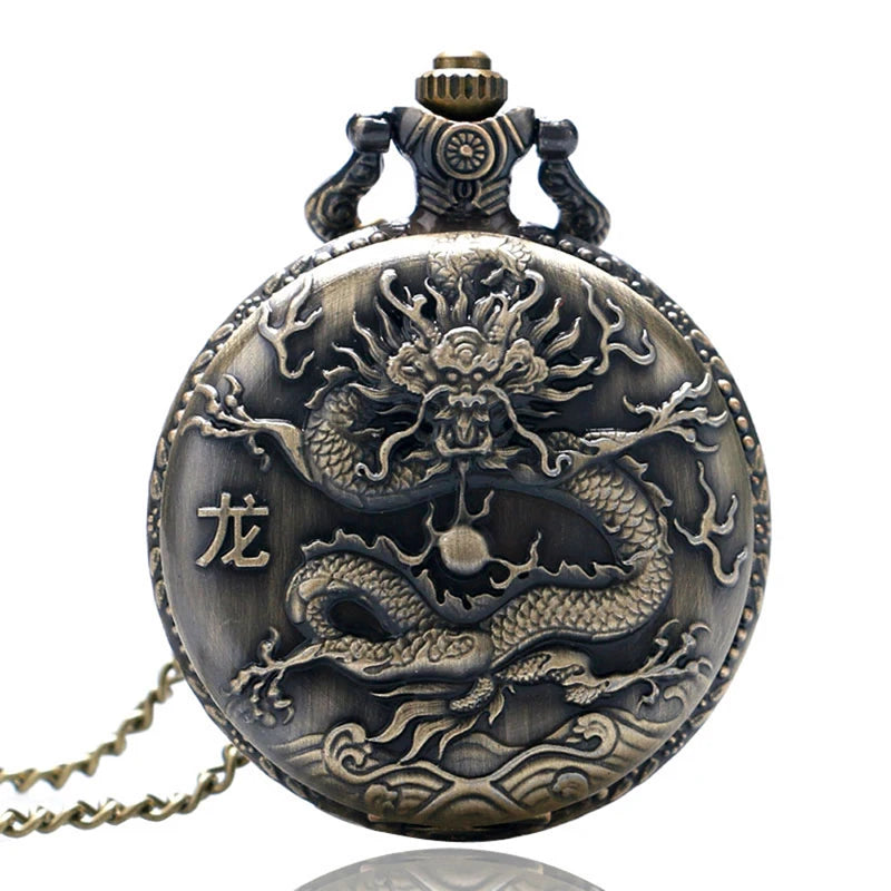 Unique Vintage Bronze Dragon Pocket Watch with Necklace Chain Cool Pendant Clock Gift for Men Vintage Watches
