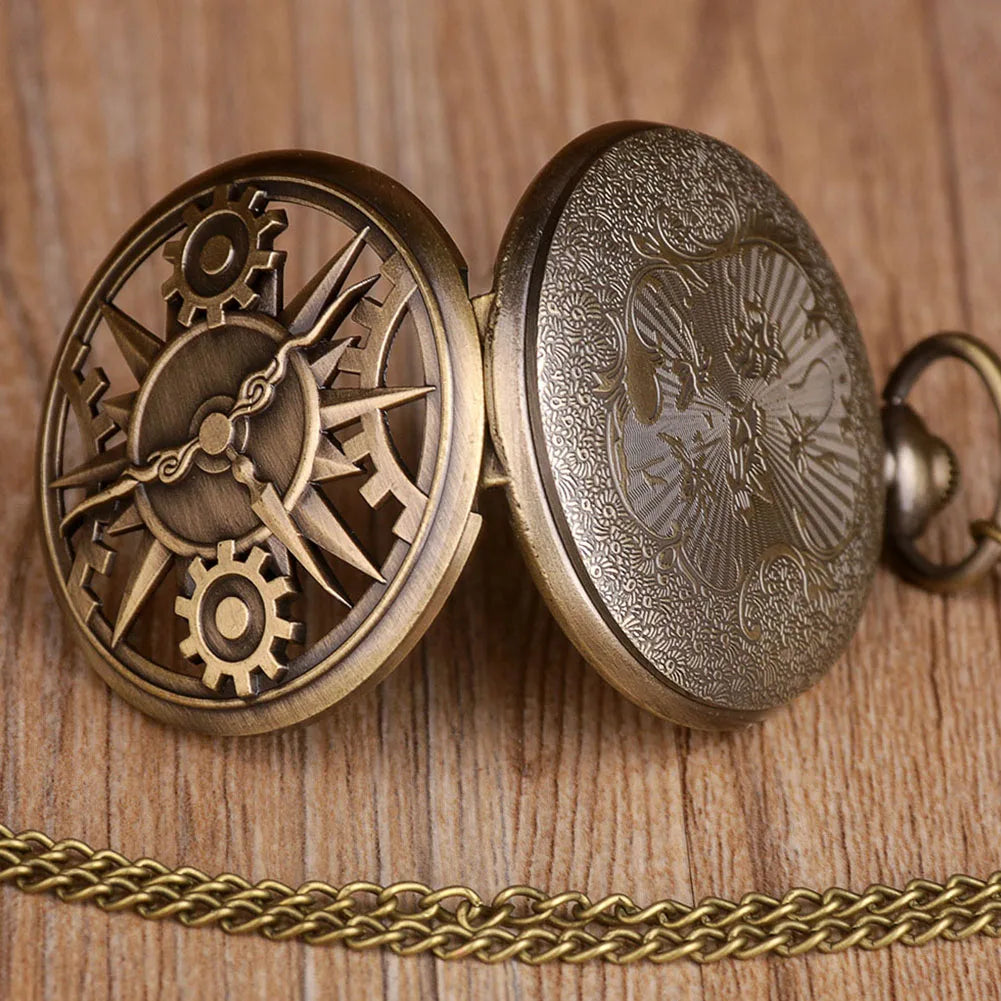 Vintage Hollow Gearwheel Pocket Watch Exquisite Bronze Quartz Retro Watches Necklace Chain Pendant Men Best Gift Clock Relojes