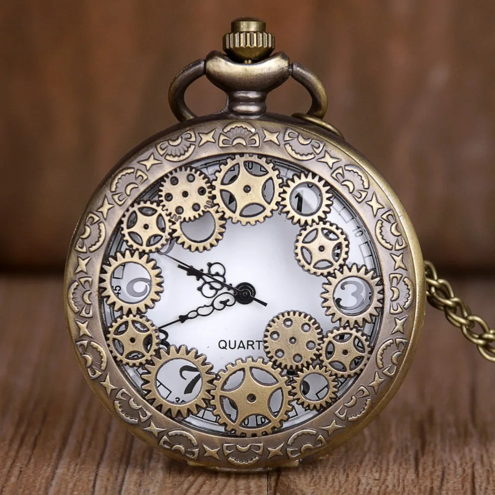 Necklace With Pendant Vintage Pocket Watch Hollow Styles Gearwheel Bronze Quartz Watches Casual Clock Best Souvenir Gift Relojes