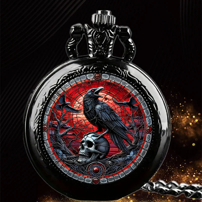 Vintage-Style Clever Crow Exquisite Pocket Watch - Quartz Movement, Round Dial, Unique Black Necklace Souvenir Gift For Children