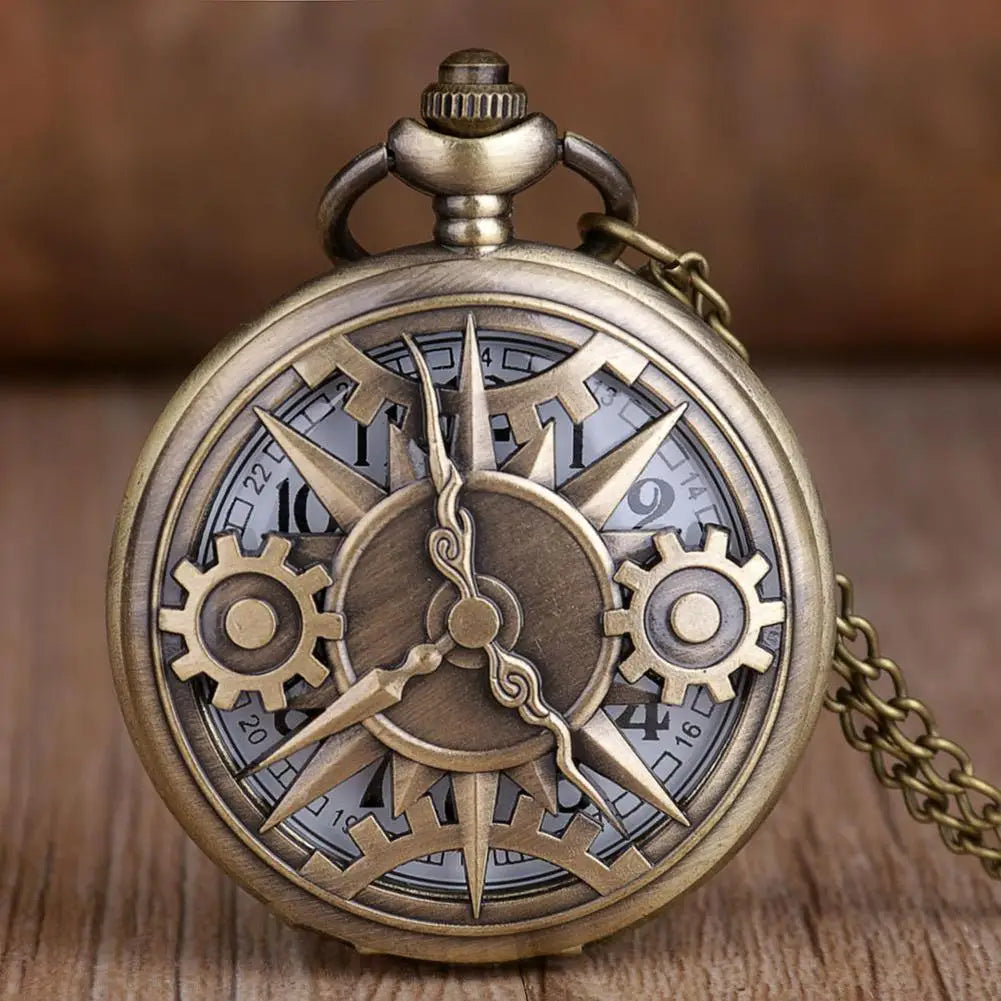 Vintage Hollow Gearwheel Pocket Watch Exquisite Bronze Quartz Retro Watches Necklace Chain Pendant Men Best Gift Clock Relojes