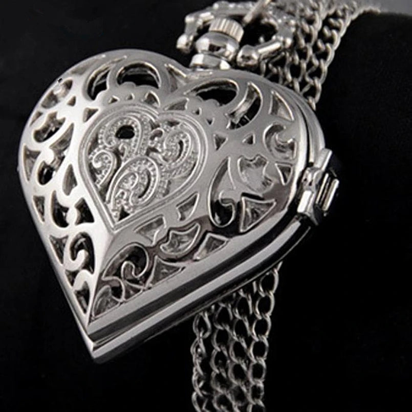 Elegant Romantic Silver Heart Shape Design Necklace Pendant Exquisite Quartz Pocket Watch Gift Fashion Clock For Female Ladies