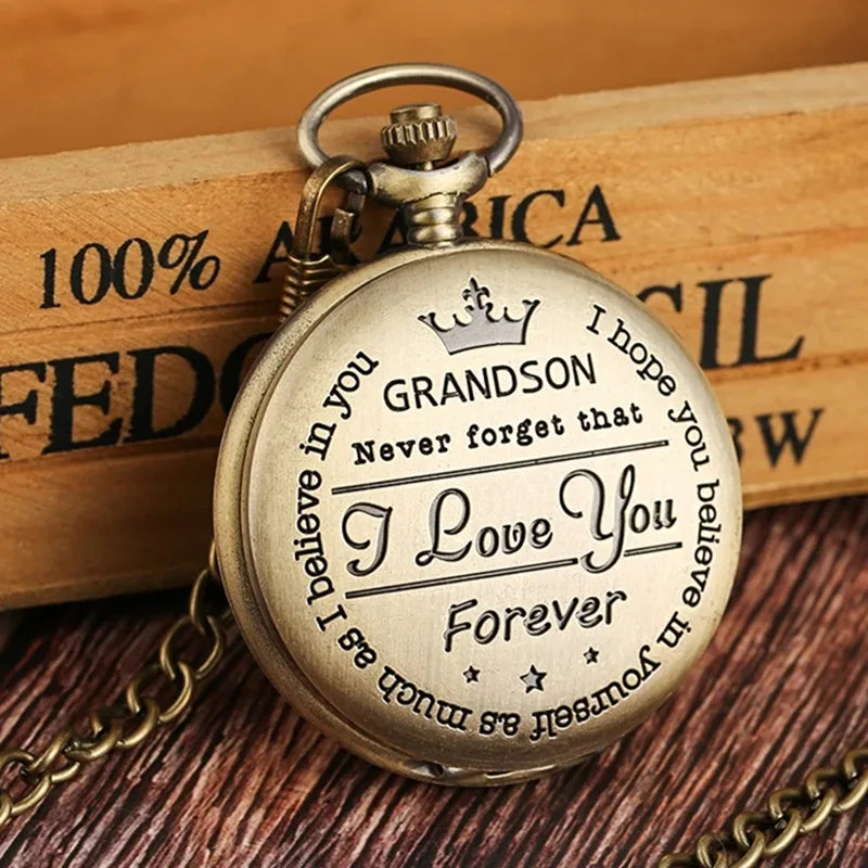 TO MY GRANDSON Gift Vintage Pocket Watch Fashion Quartz Pocket Watch with Chain Love You Forever Men's Clock Exquisite Relojes