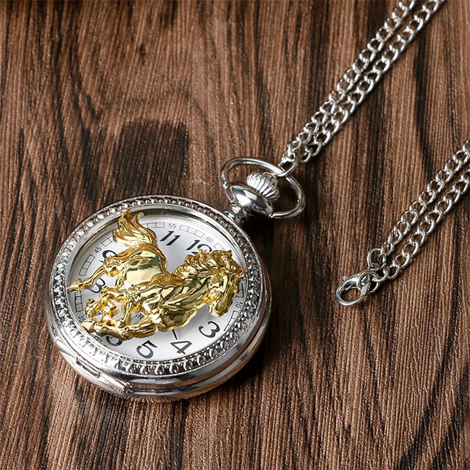 Hollow Exquisite Running Golden Horse Quartz Pocket Watch With Necklace Chain Gift for Male Women Chronograph Hombre Relojes