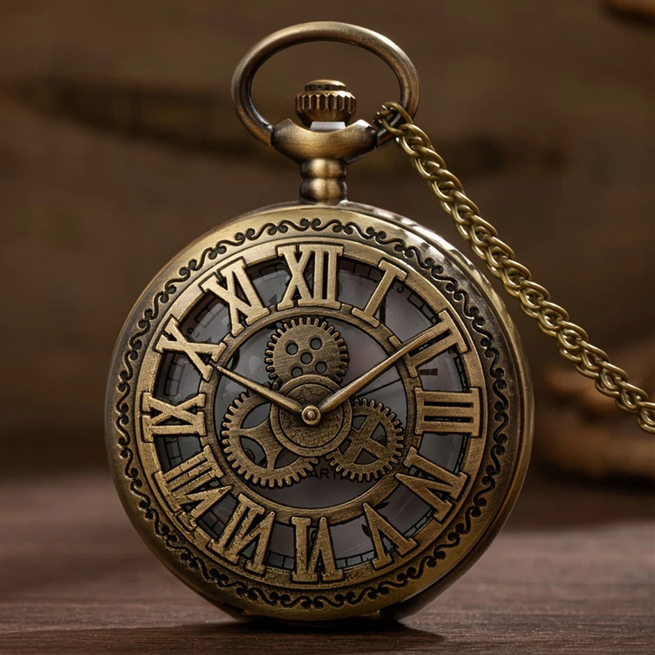 Retro Pocket Watch Hollow Gearwheel Vintage Exquisite Bronze Quartz Watches With Necklace Chain Best Souvenir Gift Clock Relojes